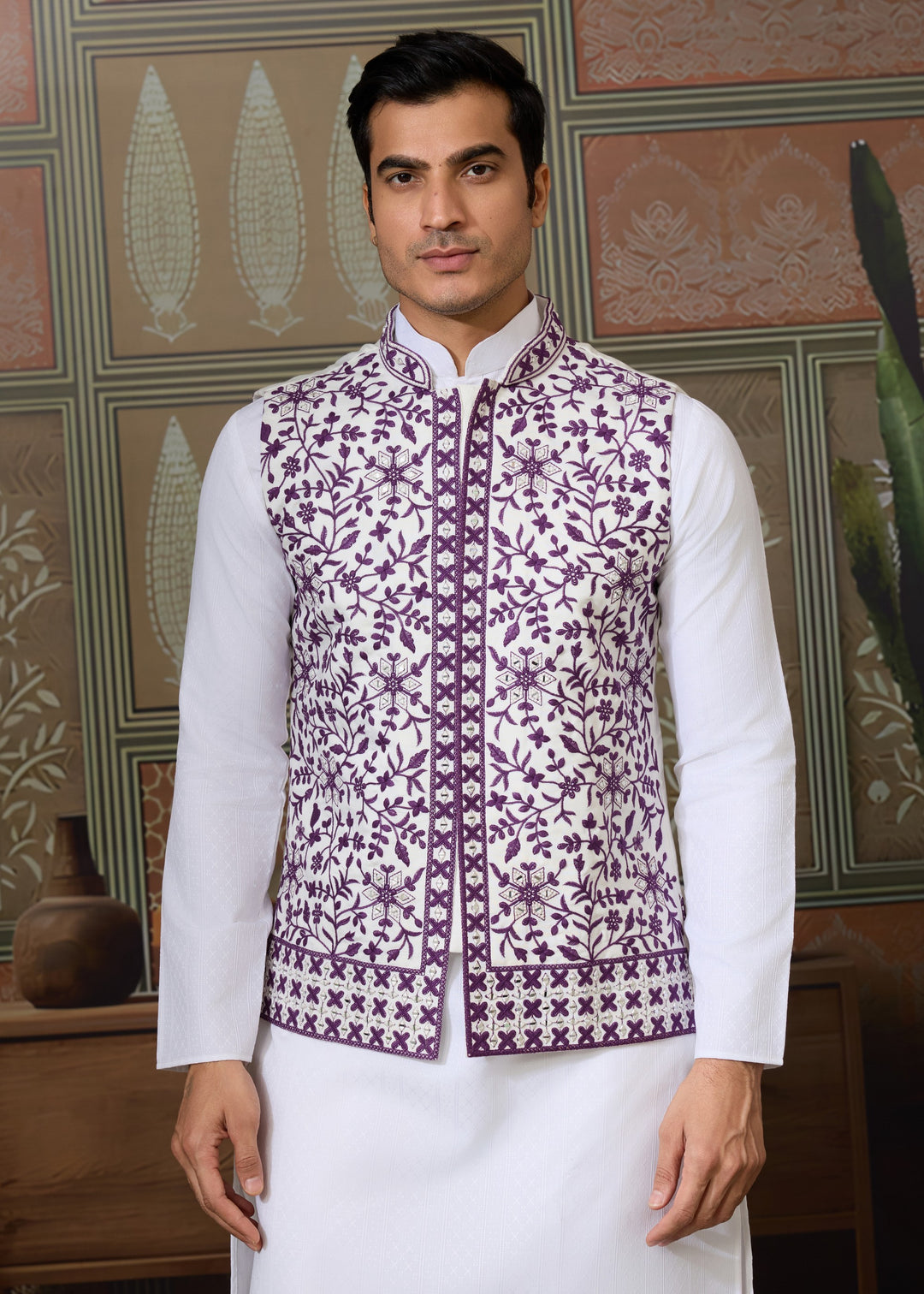 White Kurta And Pant With A Deep Plum And White Embroidered Nehru Jacket