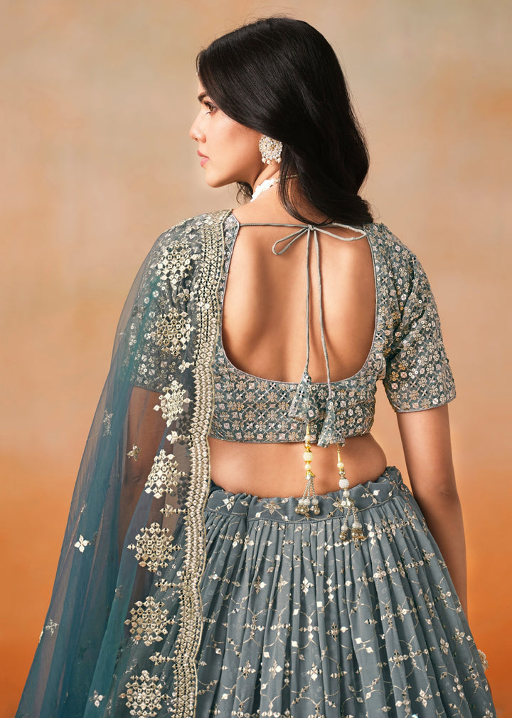 Dove Blue Sequins Zari Embroidered Work Georgette Lehenga