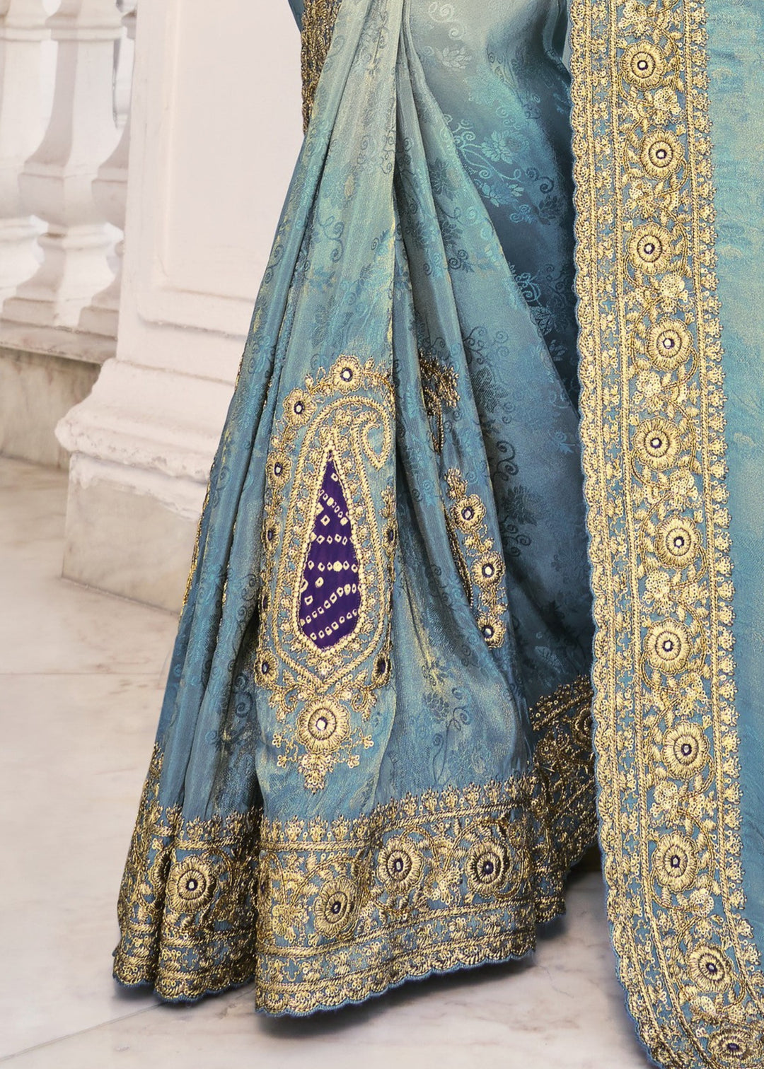 Grey - Blue Natural Crape Jaquard Saree with Jari Work