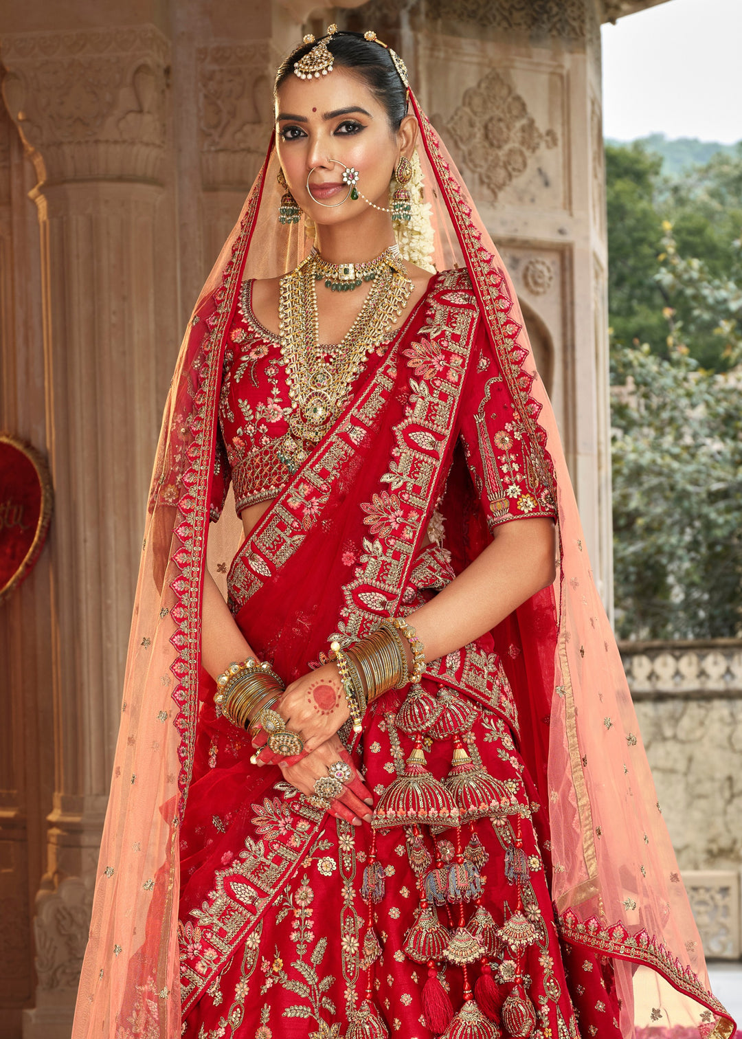 Cherry Red Heavy Bridal Silk Lehenga With Khatli And Embroidery Work