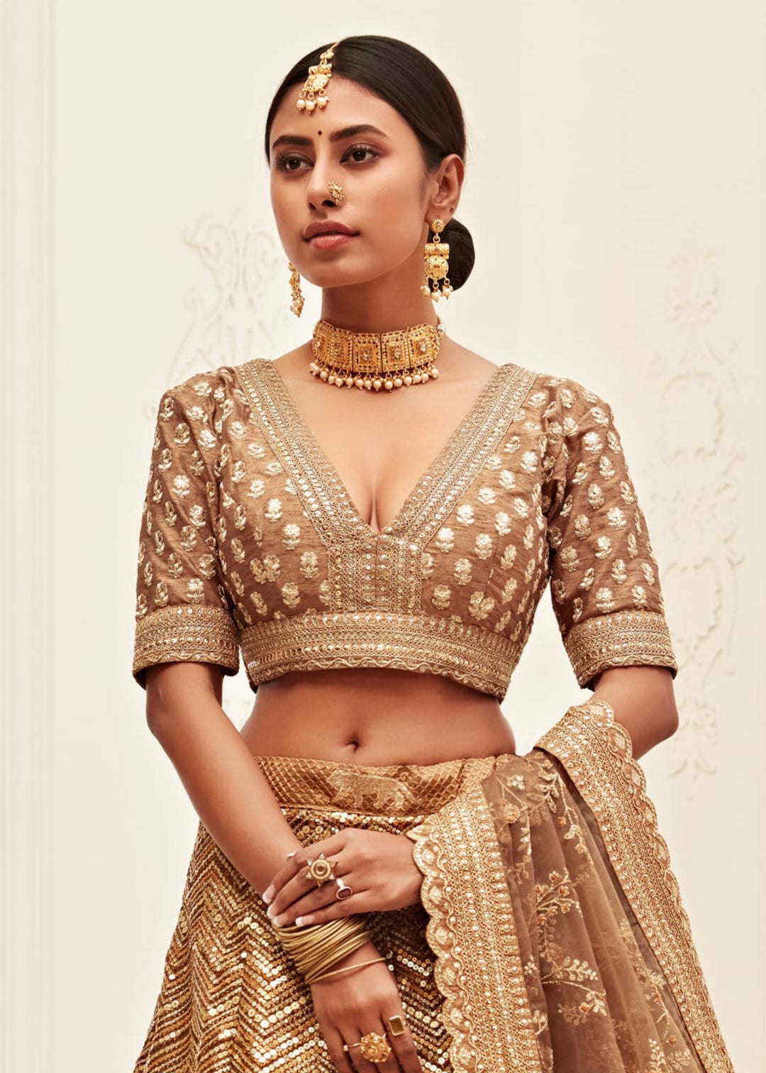 Brown Slub Silk Lehenga With Thread, Zari, Dori and Sequins Embroidery Work