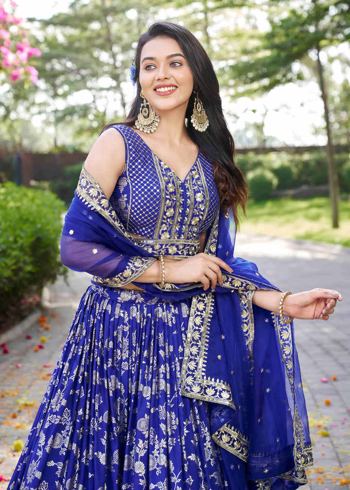Royal Blue Sequins and Zari Embroidery Work Silk Lehenga