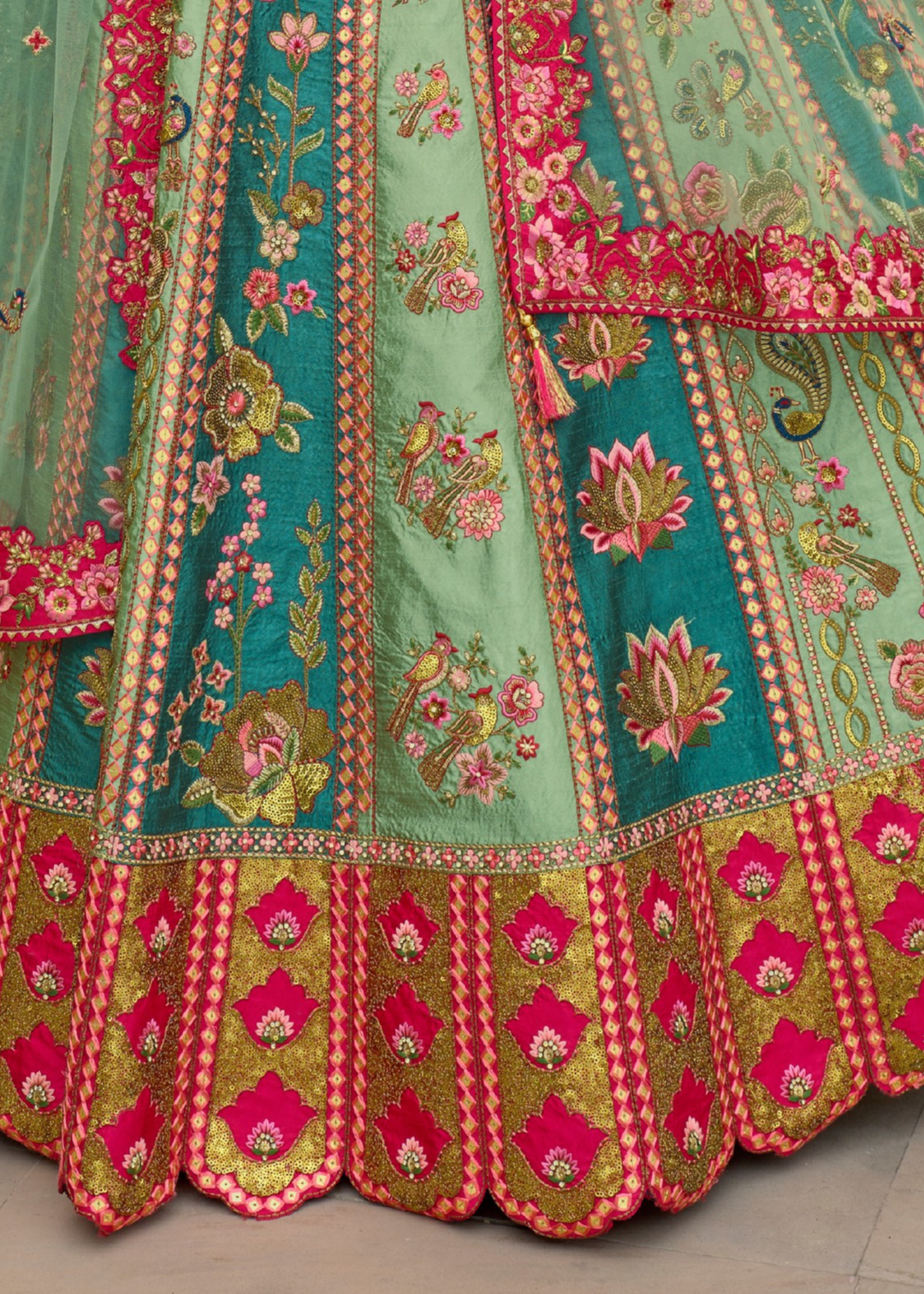Teal Green And Pink Silk Lehenga With Cut Work Border And Embroidery