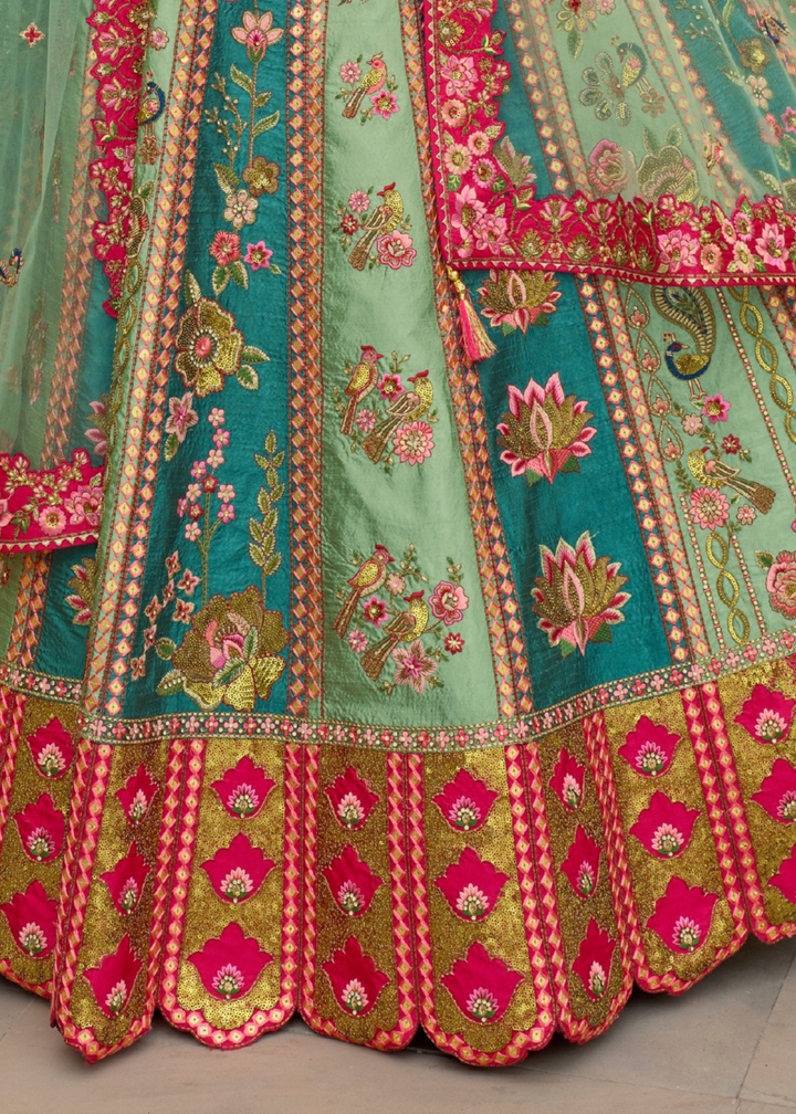 Teal Green And Pink Silk Lehenga With Cut Work Border And Embroidery