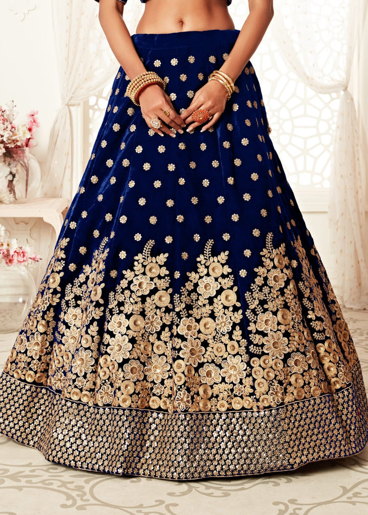 Navy Blue Velvet With Zari & Thread embroidery With Diamond Work Bridal Lehenga
