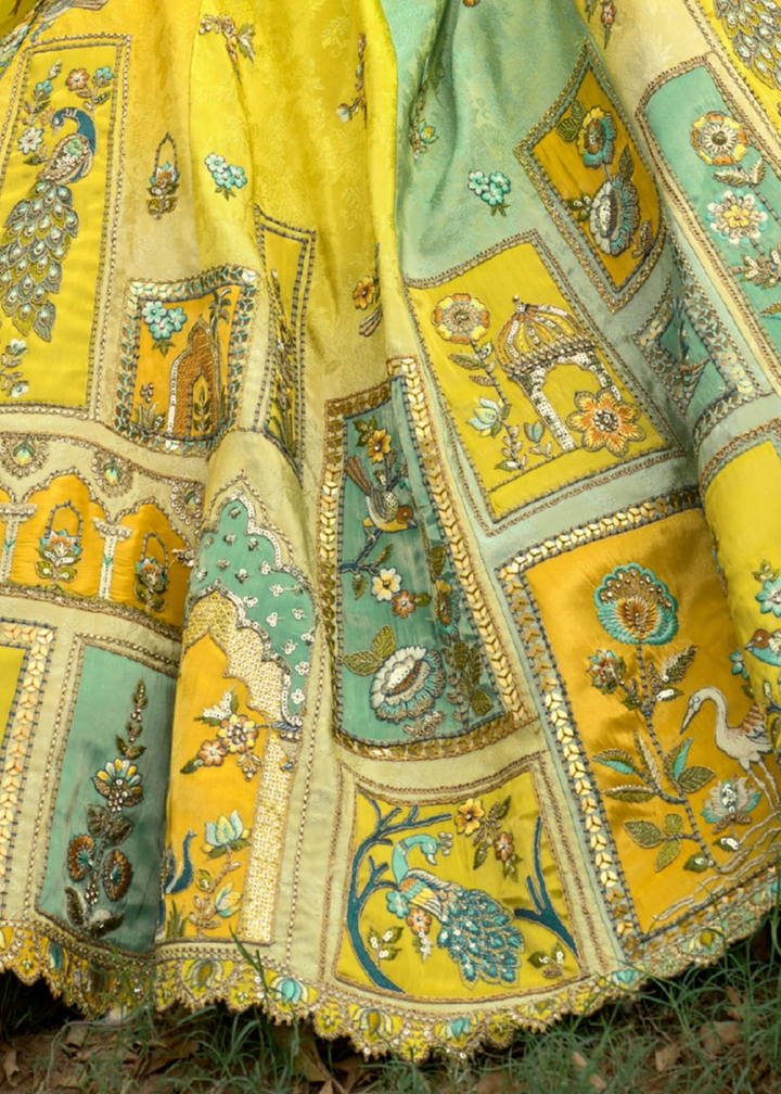 Lemon Yellow And Aqua Silk Lehenga With Cut Work Border And Embroidery