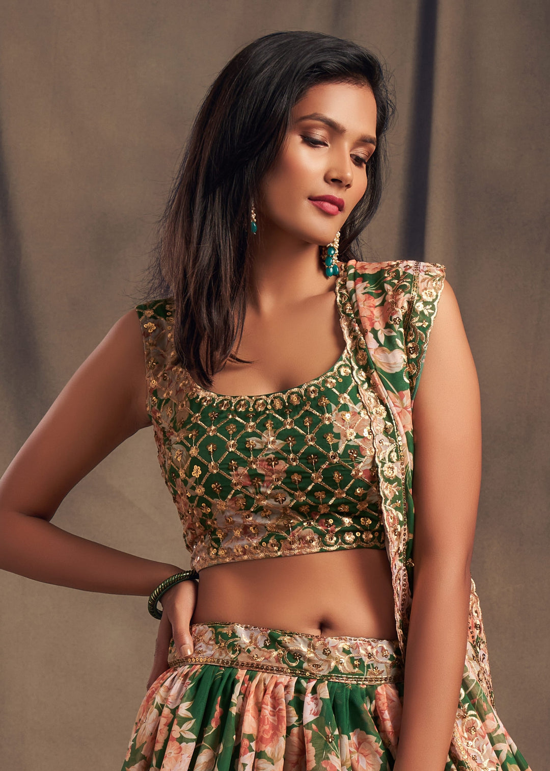 Green Organza Lehenga Sequins Zari Embroidery Work