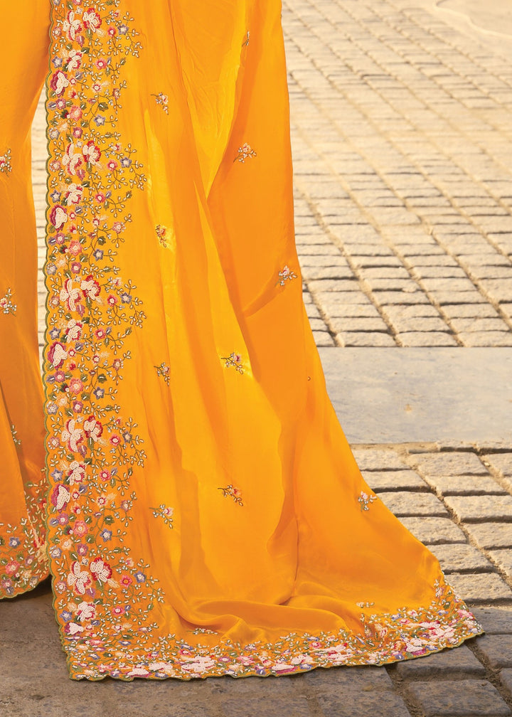 Mustard Pure Crape Saree With Moti Work