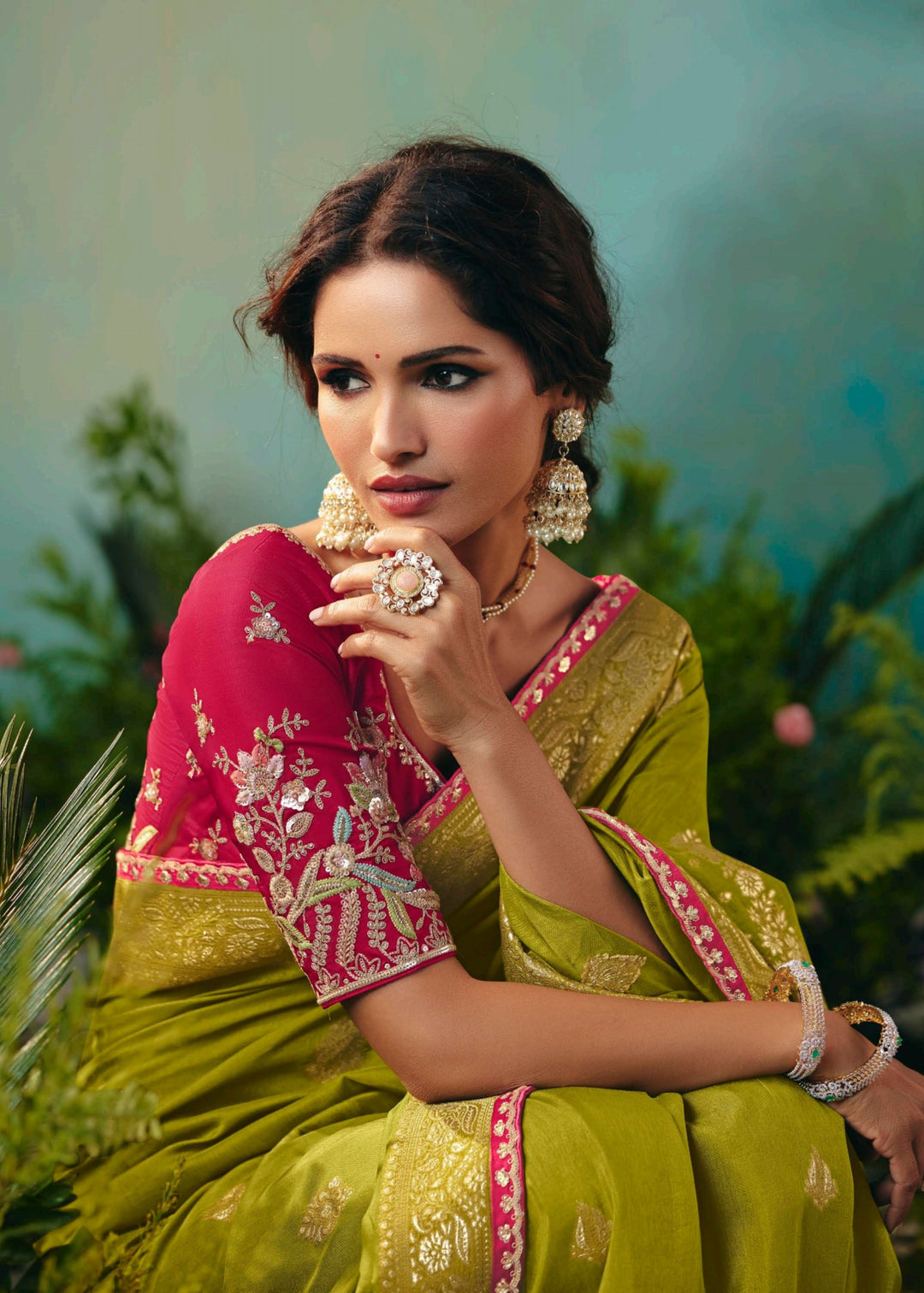 Olive Green Pure Viscose Dola Silk Saree with Zari Weaving & Embroidered Blouse