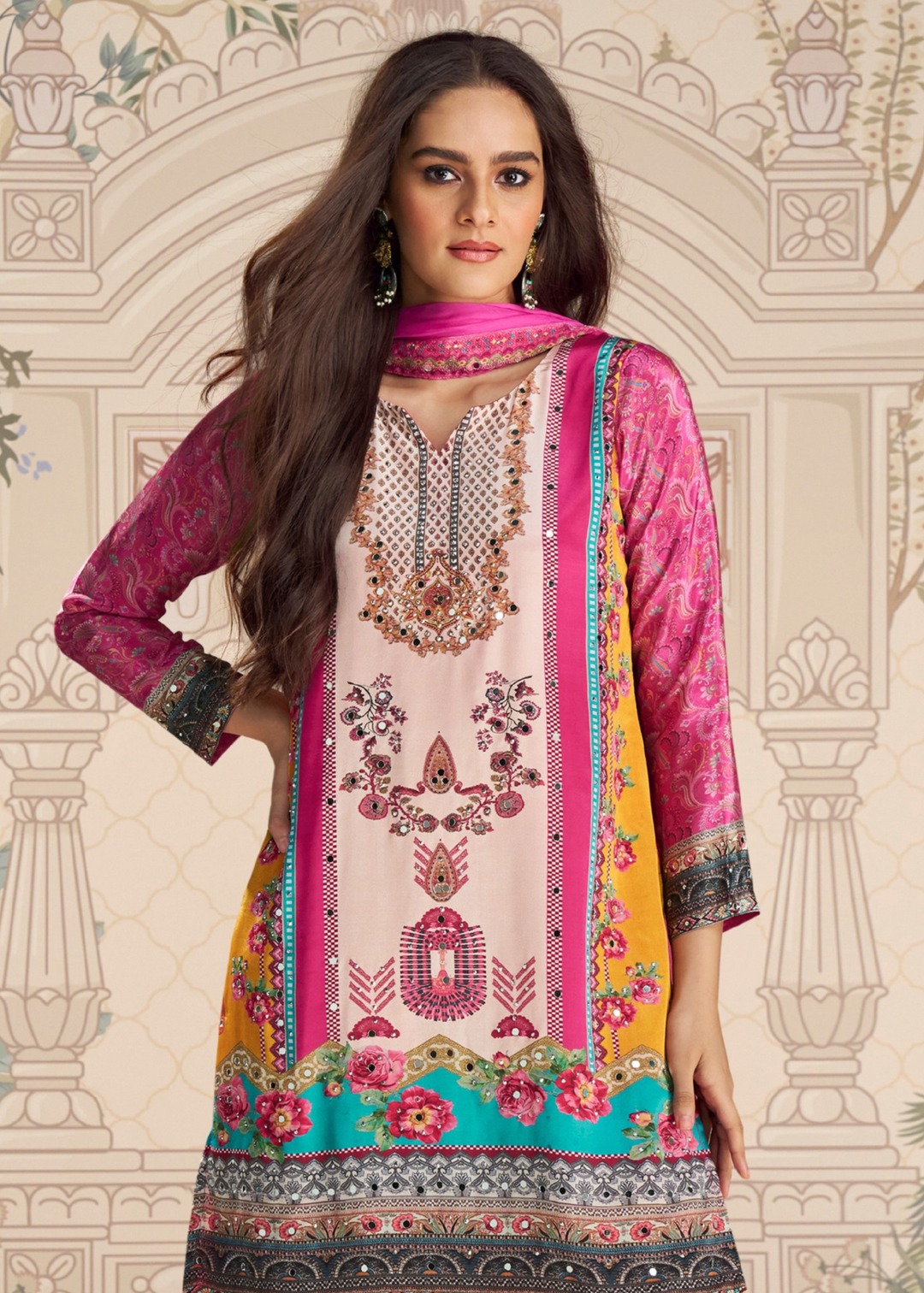 Bright Fuchsia Pink Crep Silk Sharara Suit