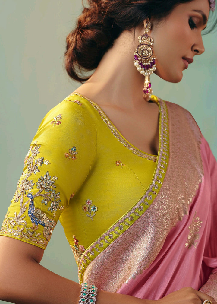 Baby Pink Pure Viscose Dola Silk Saree with Zari Weaving & Embroidered Blouse