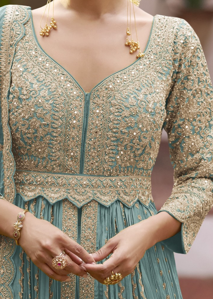 Turquoise Teal Chinon Salwar Suit