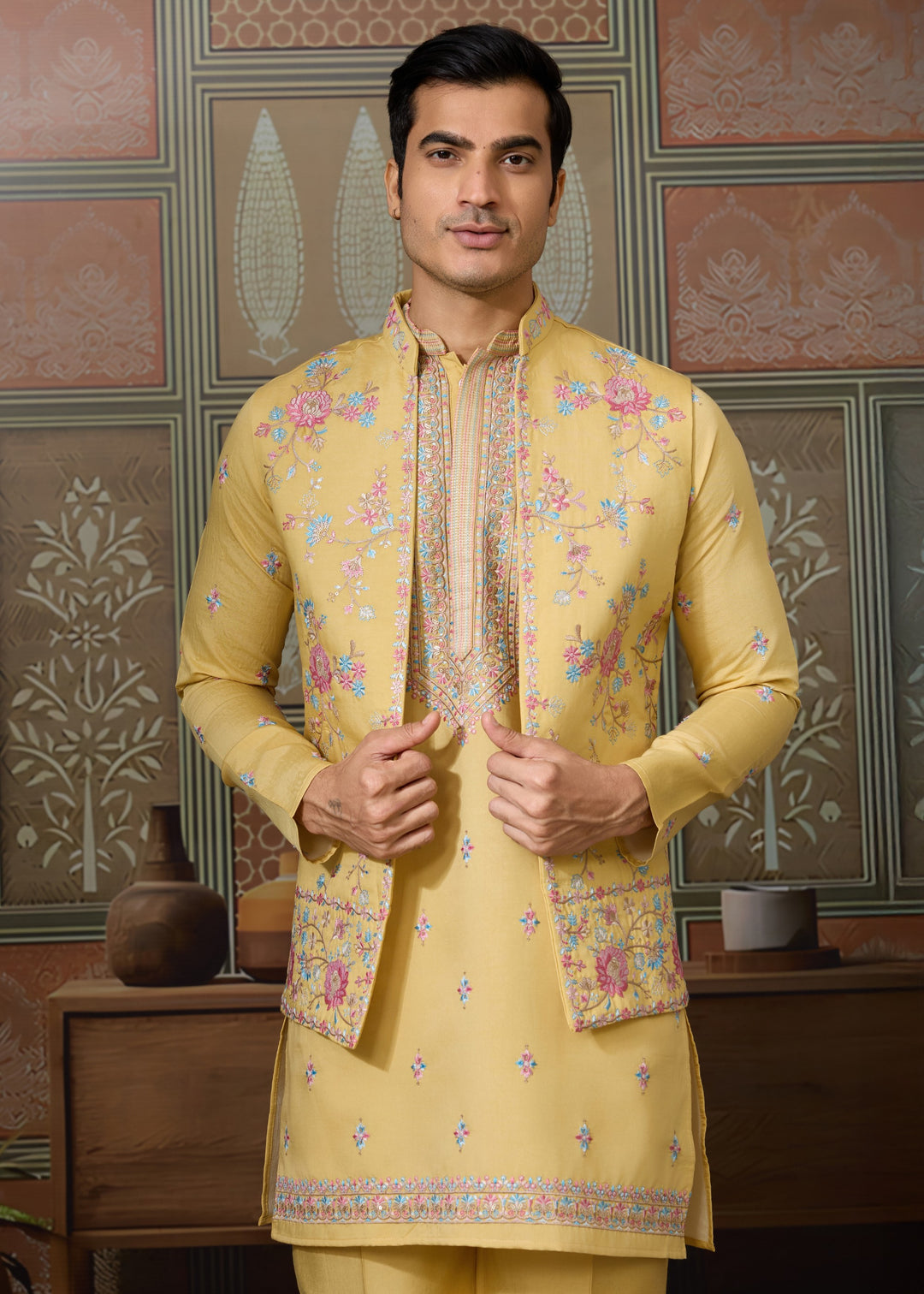 Mustard Yellow Mens Wear Koti Style with Silk Kurta and Pajama