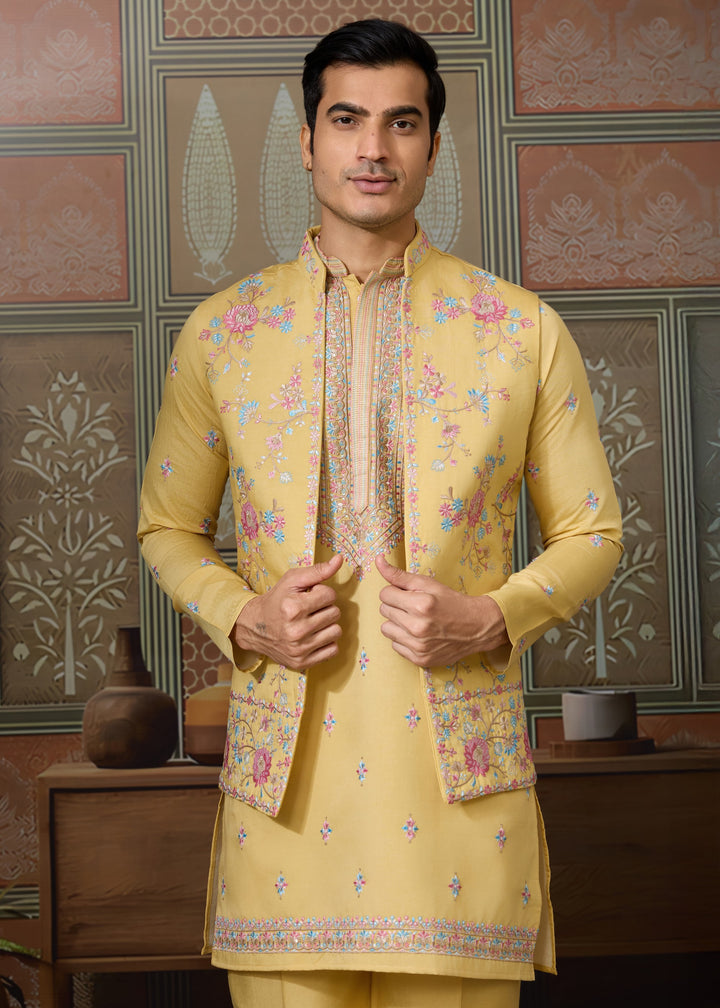 Mustard Yellow Mens Wear Koti Style with Silk Kurta and Pajama