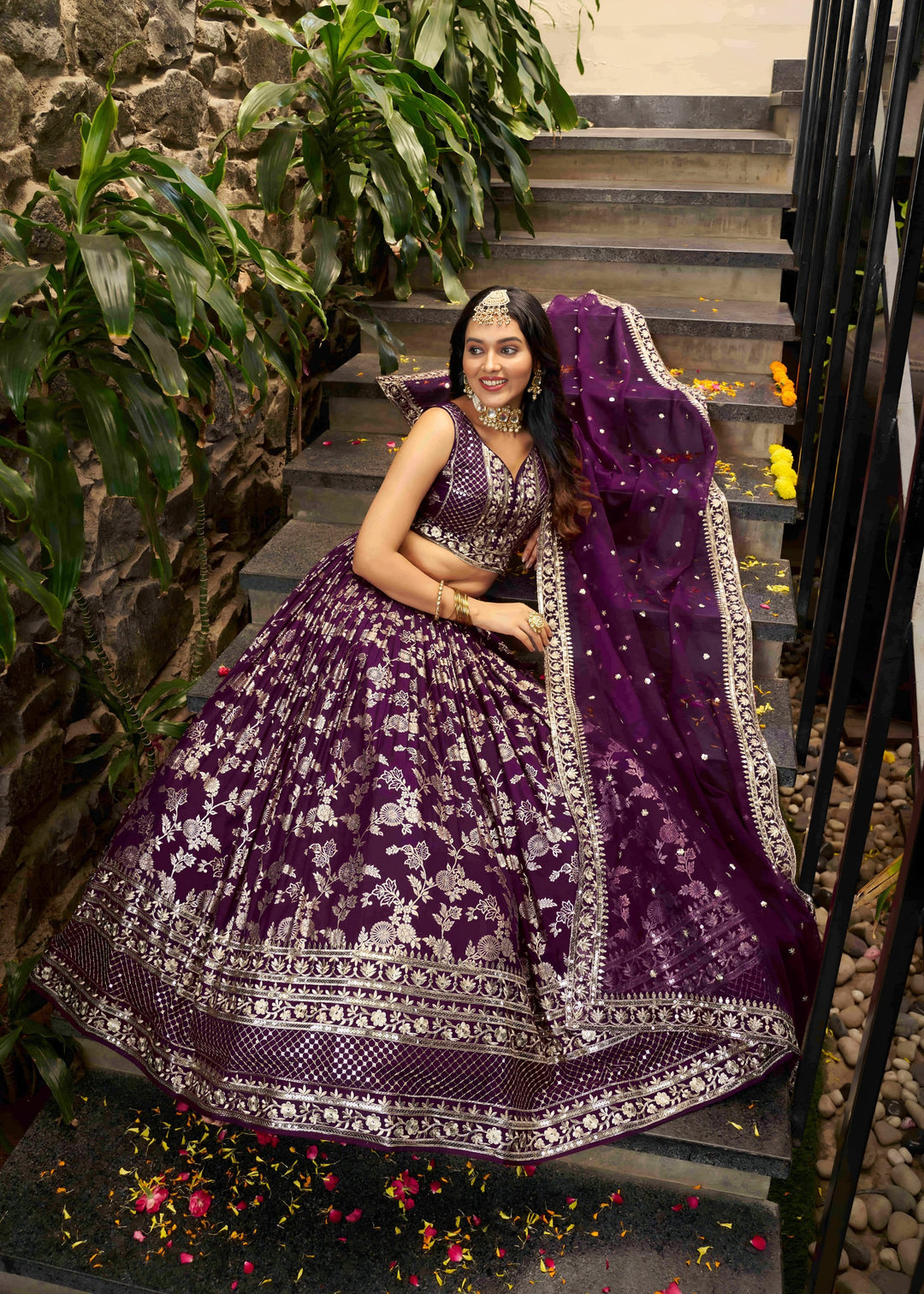 Wine Sequins and Zari Embroidery Work Silk Lehenga