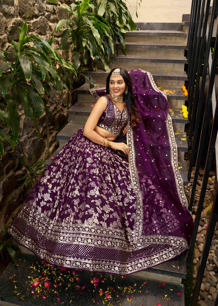 Wine Sequins and Zari Embroidery Work Silk Lehenga