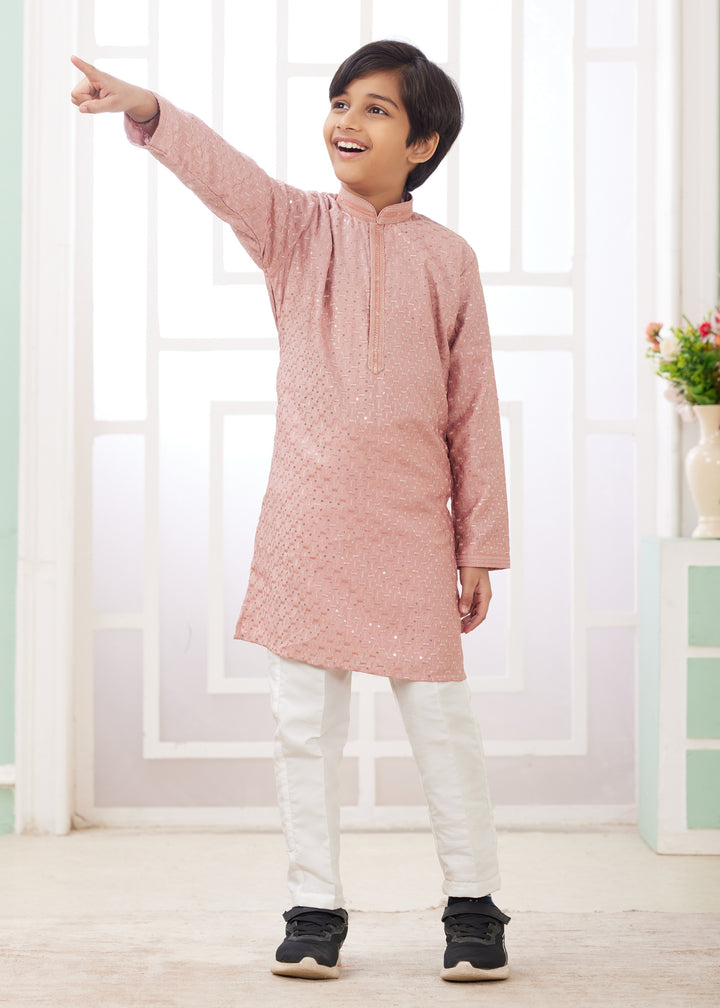 Peach Silk Mens Kurta Set With Thread Embroidery Work