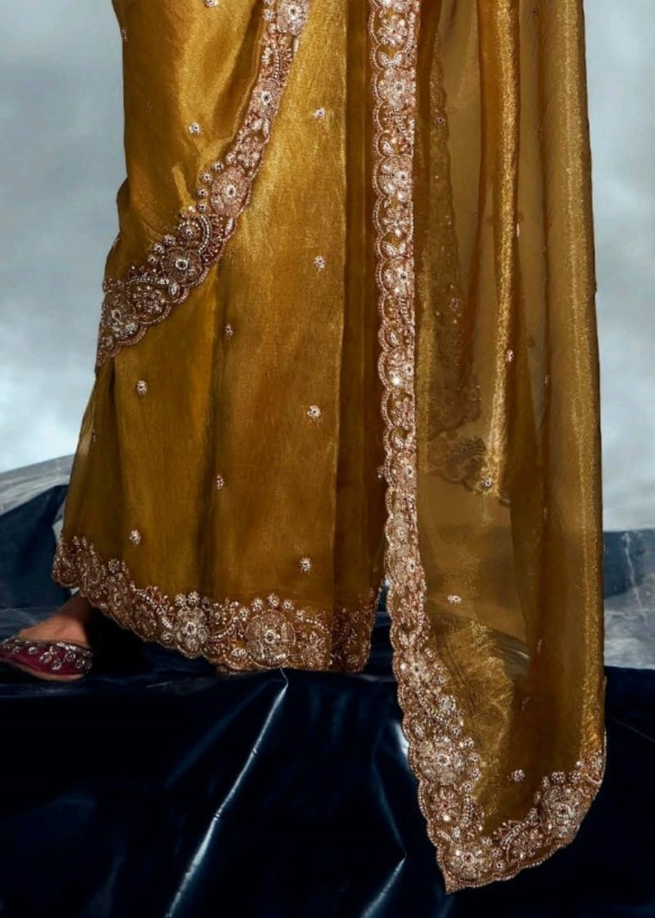 Goldenrod Pure Fancy Saree with Hand Worked Border