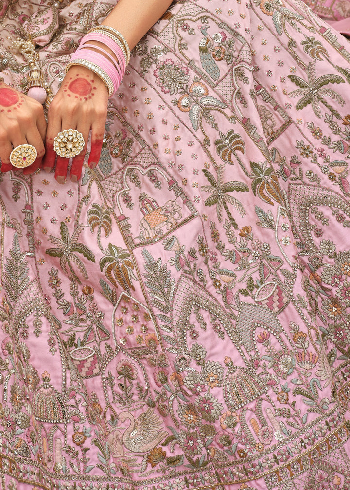 Pastel Pink Heavy Bridal Silk Lehenga With Khatli And Embroidery Work
