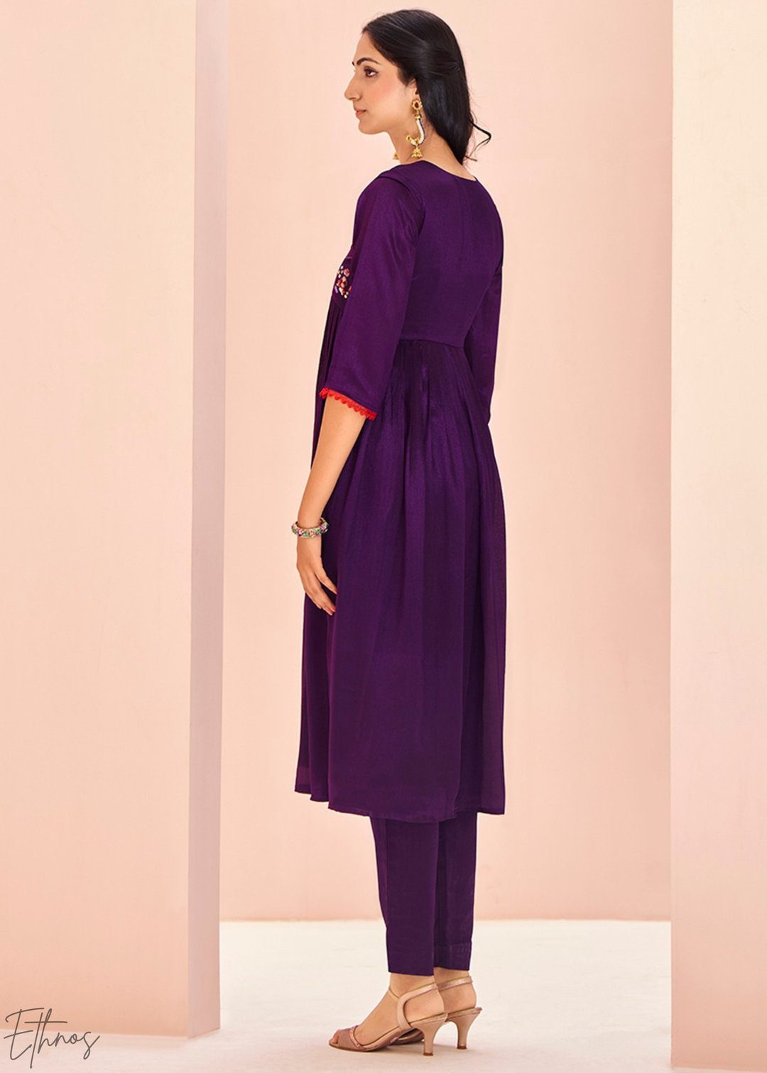 Wine Purple Yoke Embroidered Frock Kurti Palazzo Set