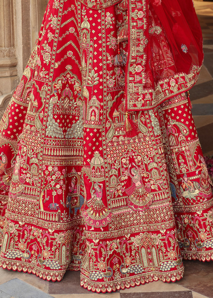 Crimson Red Heavy Bridal Silk Lehenga With Khatli And Embroidery Work