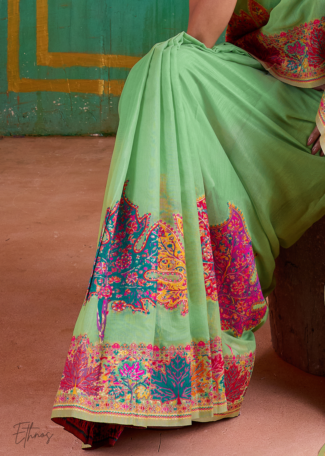Pistachio Green with Multicolour Floral Weave Saree