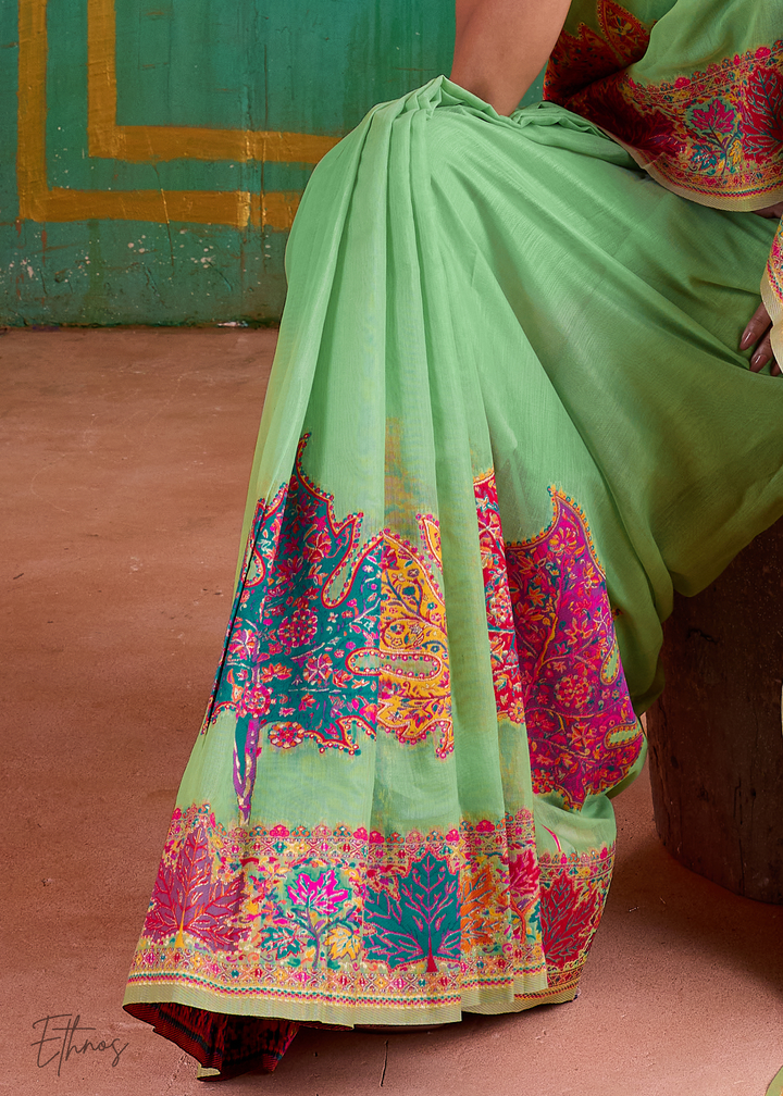 Pistachio Green with Multicolour Floral Weave Saree