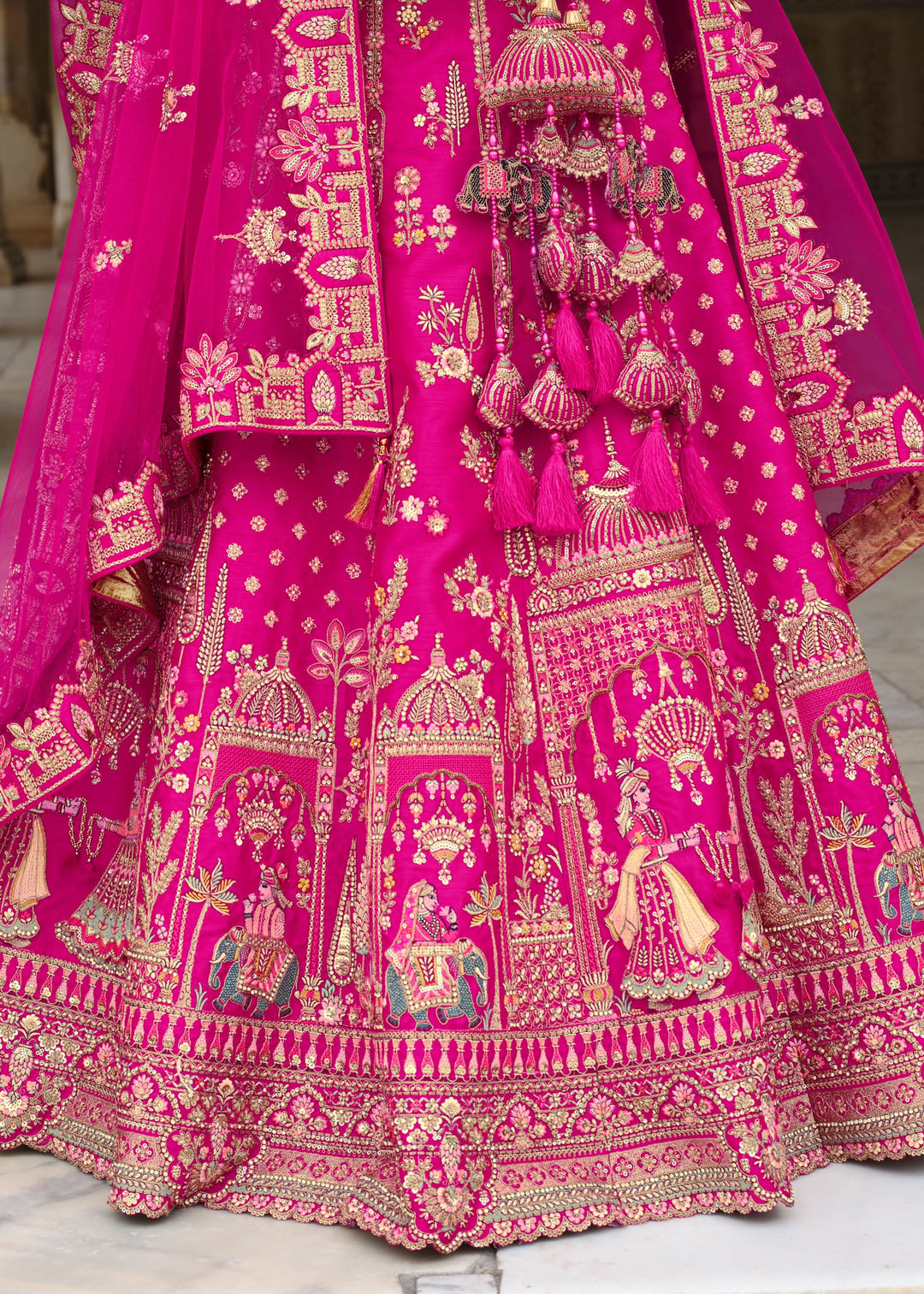 Bright Pink Heavy Bridal Silk Lehenga With Khatli And Embroidery Work
