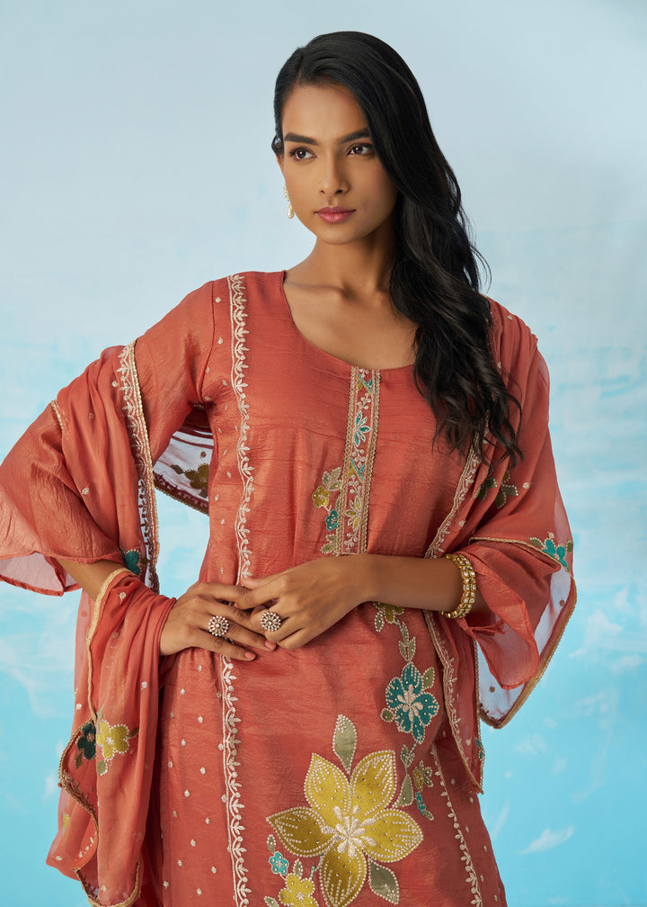 Burnt Coral Salwar Suit With Dupatta