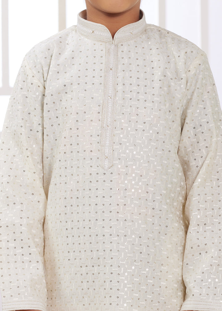 Pearl White Silk Kurta Set With Thread Embroidery Work