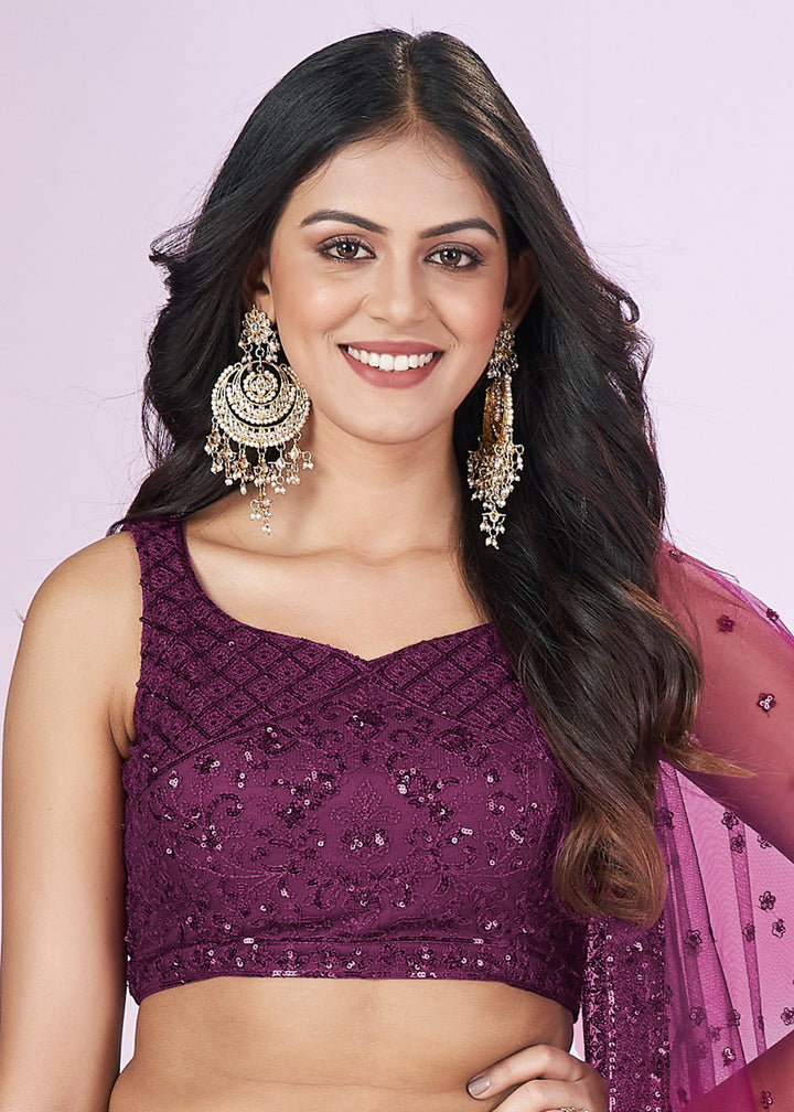 Jam Purple Net Lehenga Choli With Sequins And Thread Embroidery Work