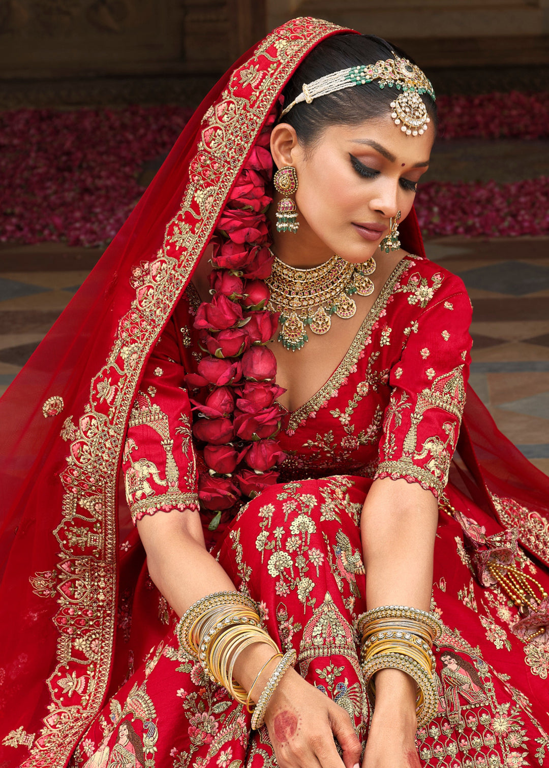 Candy Red Heavy Bridal Silk Lehenga With Khatli And Embroidery Work