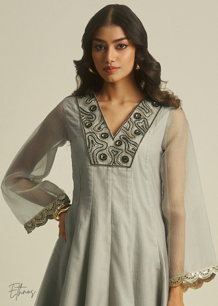 Grey Tissue Handwork Kurta With Pant
