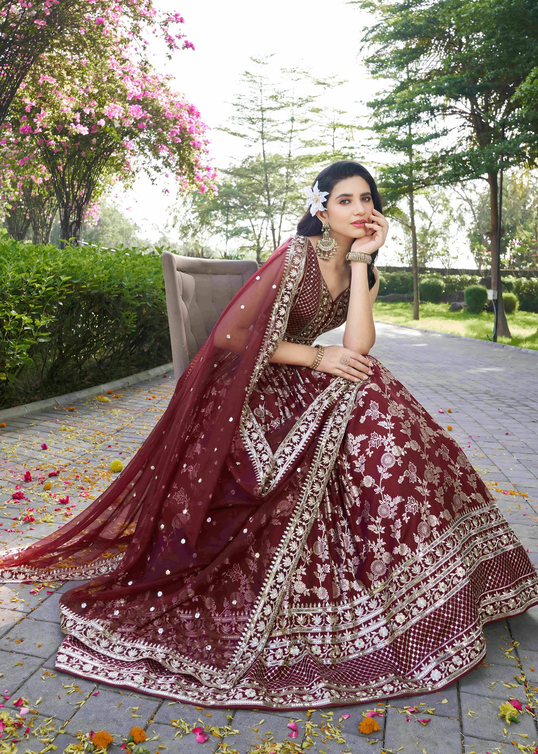 Maroon Sequins and Zari Embroidery Work Silk Lehenga