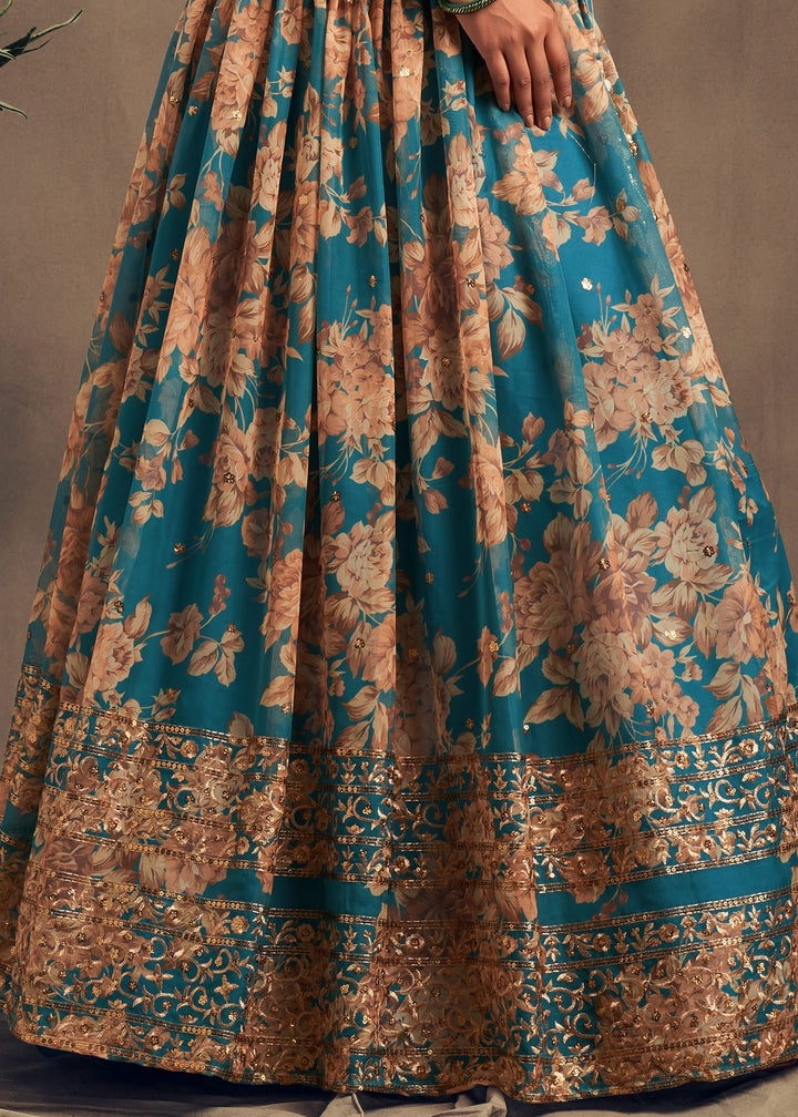 Teal Blue Organza Lehenga Sequins Zari Embroidery Work