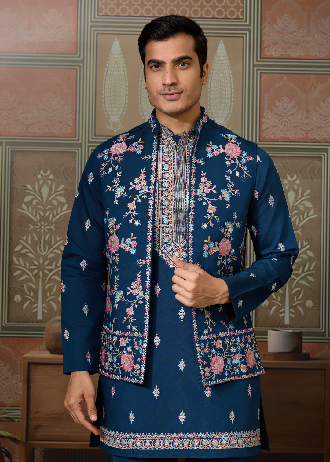 Teal Blue Mens Wear Koti Style with Silk Kurta and Pajama