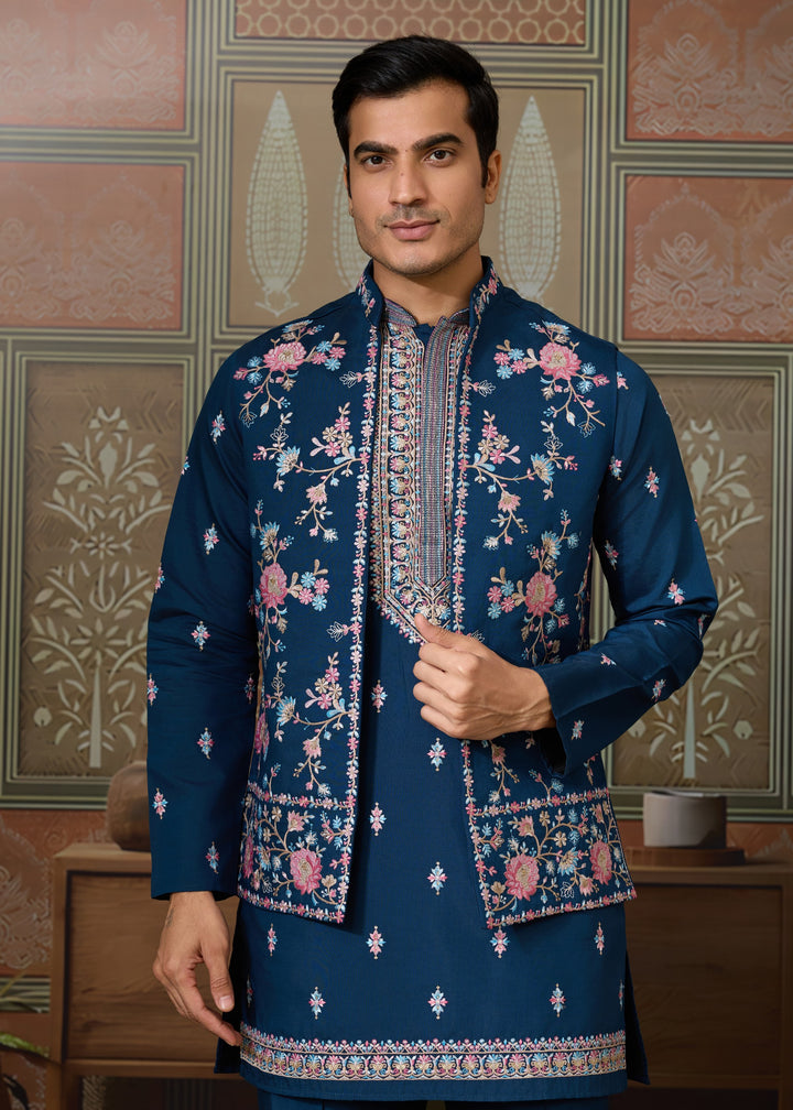 Teal Blue Mens Wear Koti Style with Silk Kurta and Pajama