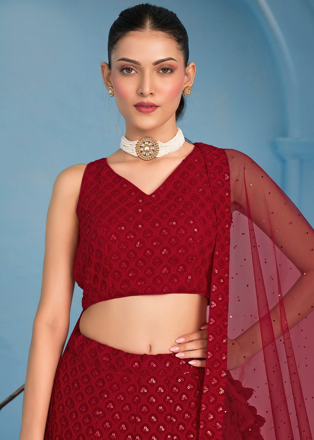 Red Georgette Lehenga With Sequins and Thread Embroidered Work