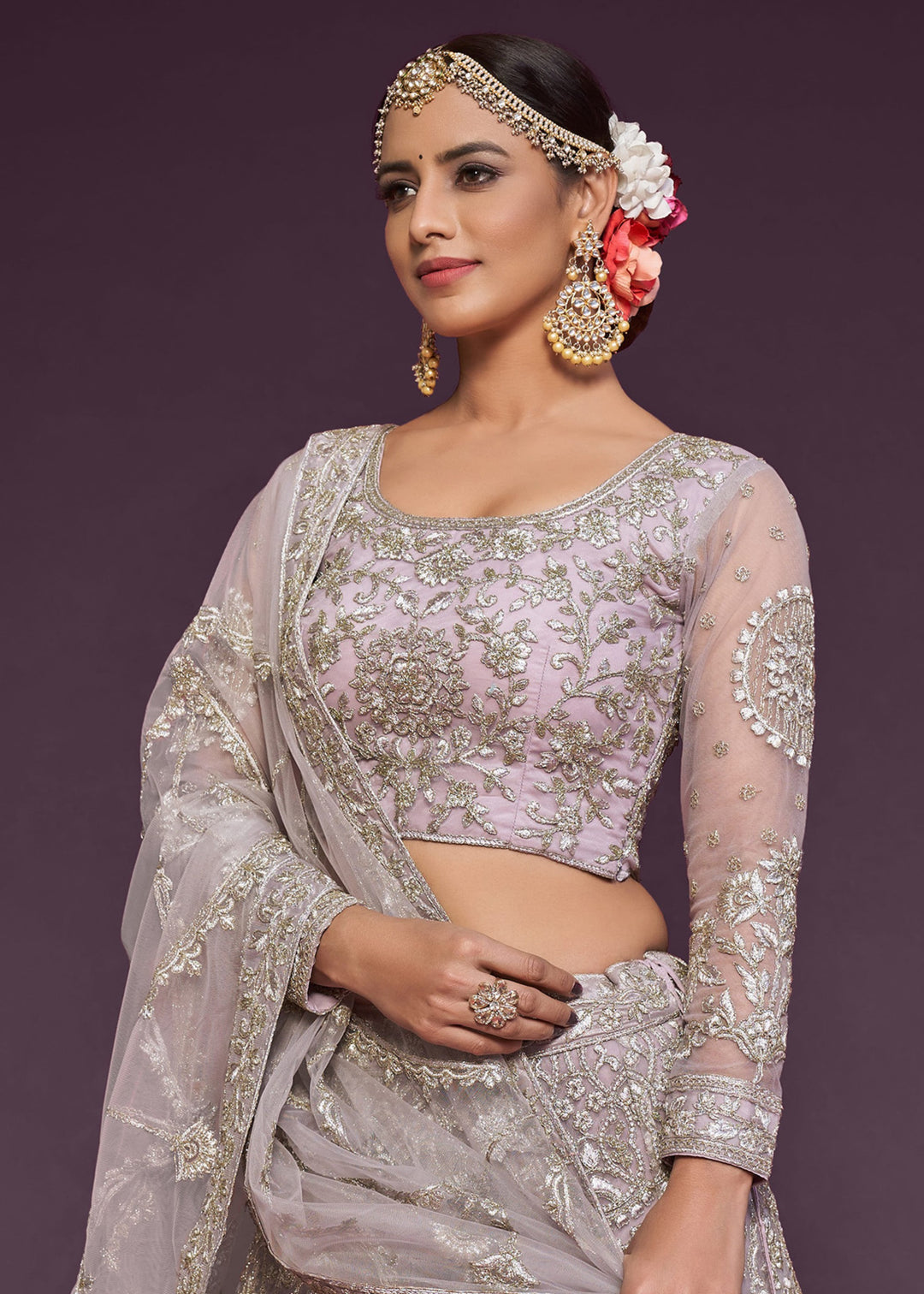 Orchid Soft Net Lehenga with Thread, Zari, Badla and Glitter Dori Embroidery Work