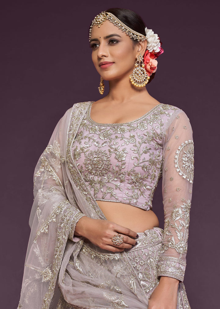 Orchid Soft Net Lehenga with Thread, Zari, Badla and Glitter Dori Embroidery Work