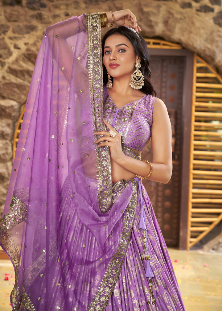 Lavender Sequins and Zari Embroidery Work Silk Lehenga