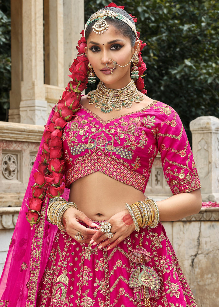 Barbie Pink Heavy Bridal Silk Lehenga With Khatli And Embroidery Work