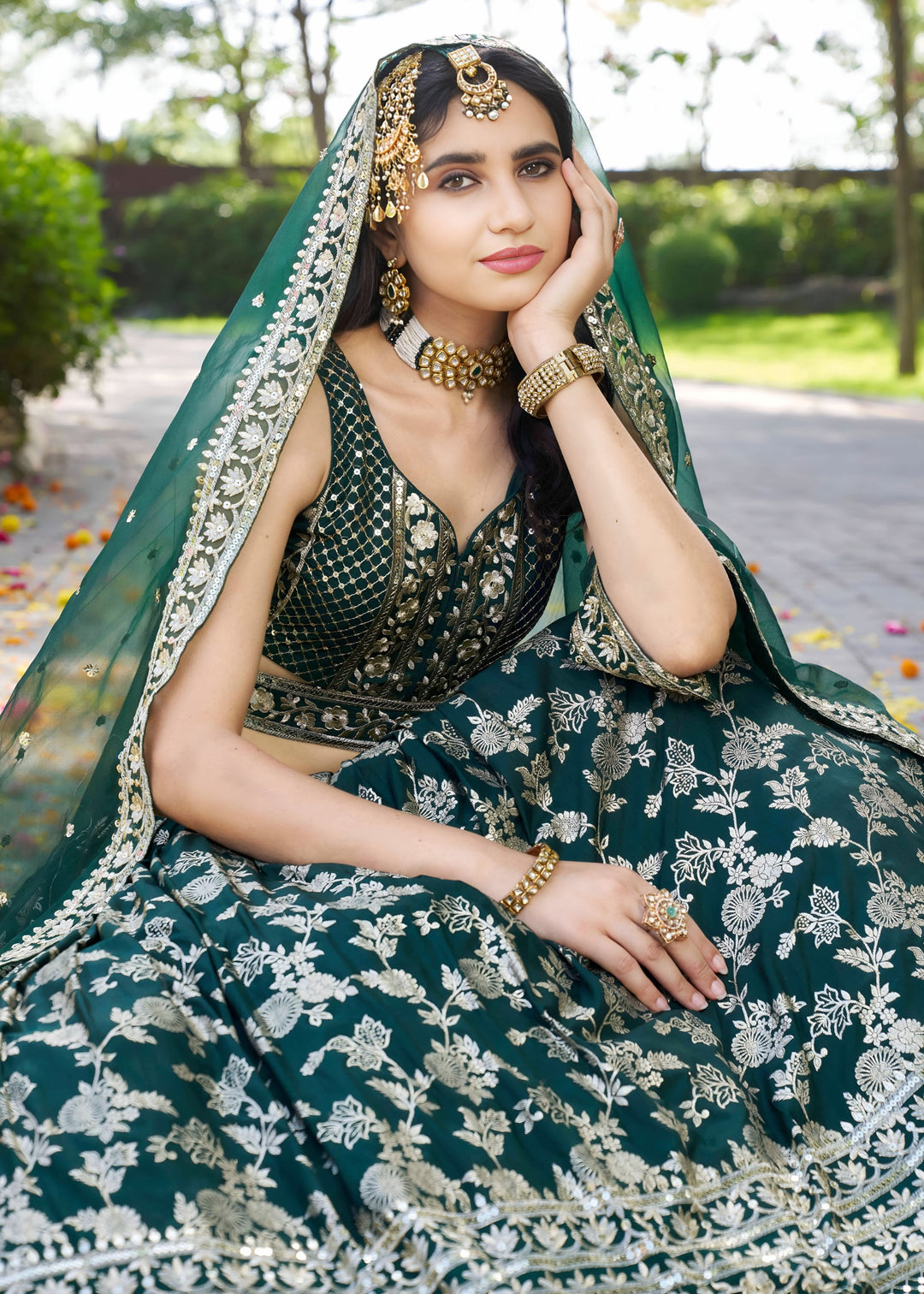 Green Sequins and Zari Embroidery Work Silk Lehenga