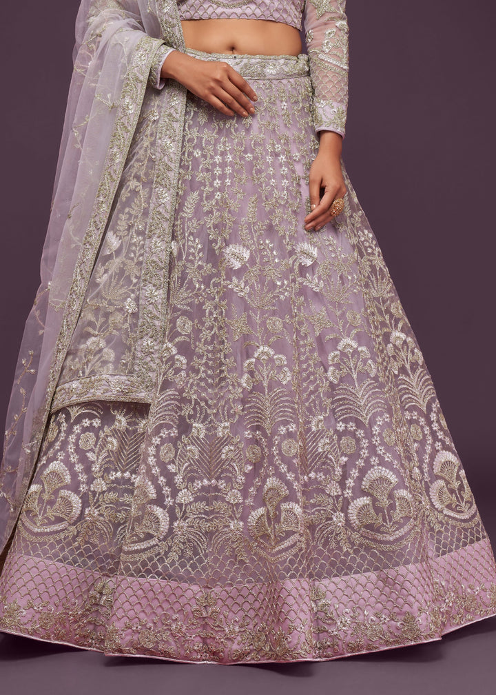 Dusky Orchid Soft Net Lehenga with Thread, Zari, Badla and Glitter Dori Embroidery Work