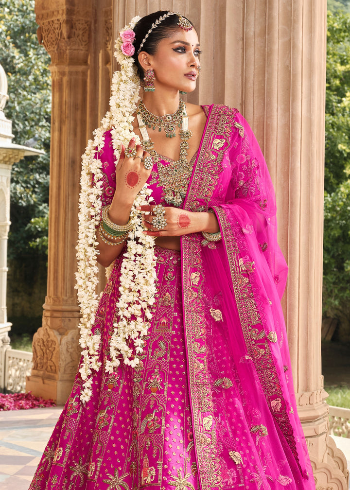 Persian Rose Pink Heavy Bridal Silk Lehenga With Khatli And Embroidery Work