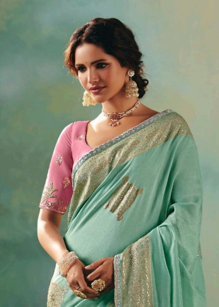 Sea Green Pure Viscose Dola Silk Saree with Zari Weaving & Embroidered Blouse