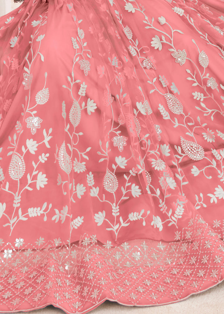 Salmon Pink Designer Soft Net Lehenga With Cotton Thread And Sequins Embroidery Work