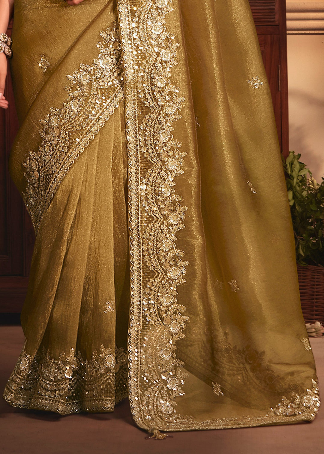 Olive Green Tissue Organza Saree With Heavy Embroidery