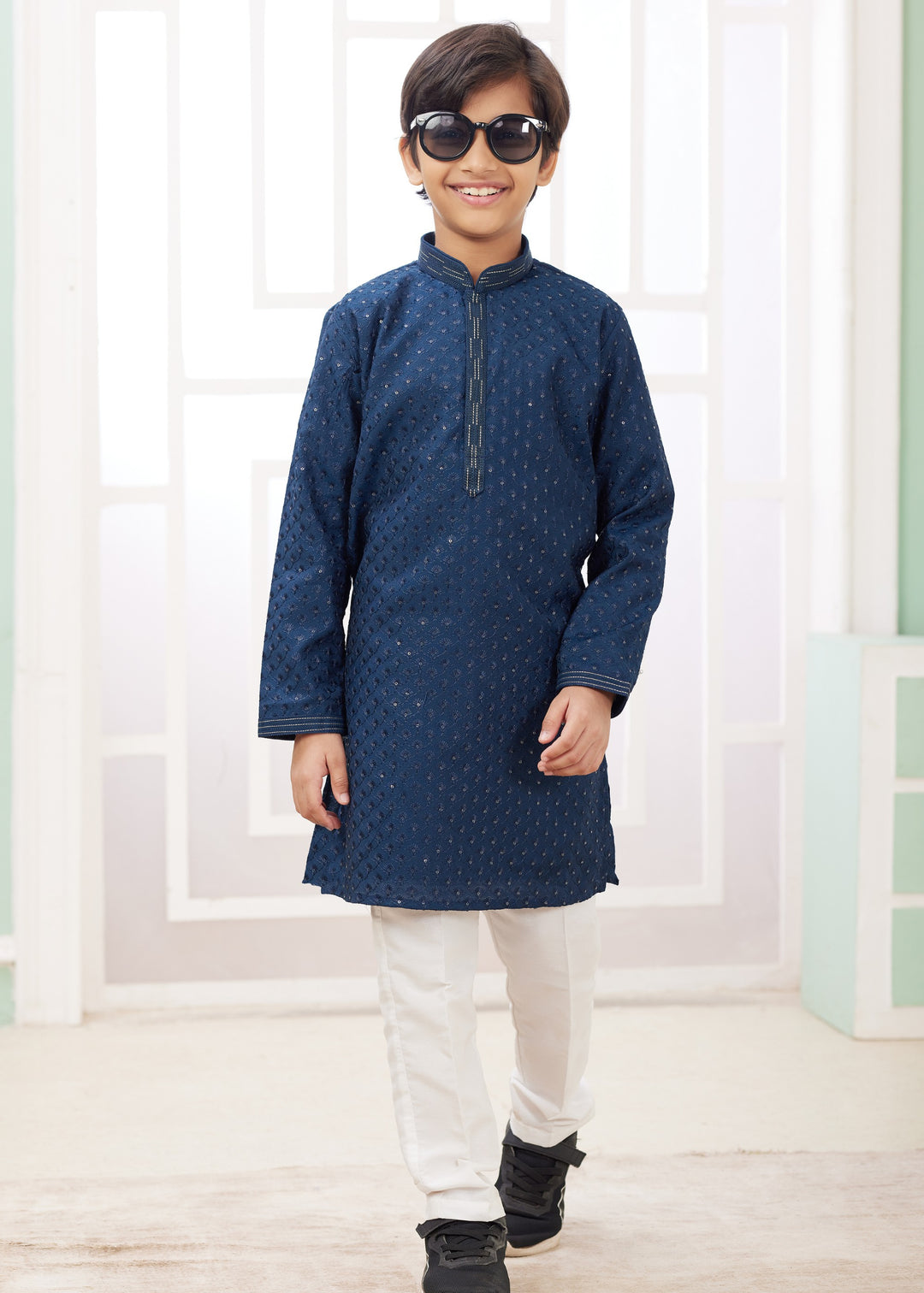 Teal Blue Silk Mens Kurta Set With Thread Embroidery Work