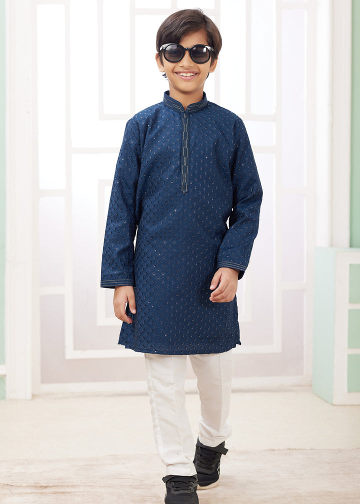 Teal Blue Silk Mens Kurta Set With Thread Embroidery Work
